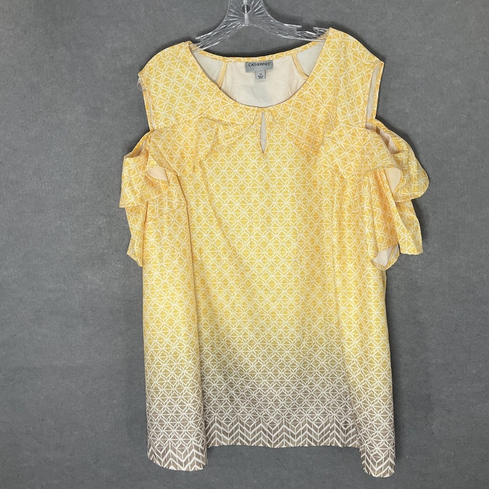 Catherines Top Womens Sz 2X Yellow Ombre Ruffle Cold Shoulder Romantic Feminine